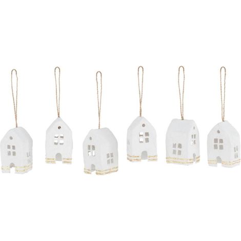 Lot de 6 Sujets de Noël "Maison" 15cm Blanc & Or