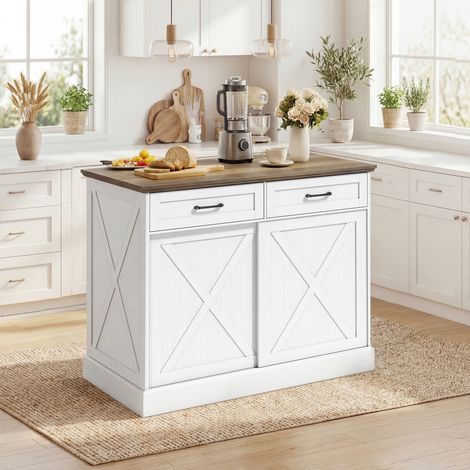 Isla de cocina, aparador de cocina, mueble de almacenamiento con 2 cajones, 2 puertas correderas, estante ajustable, blanco