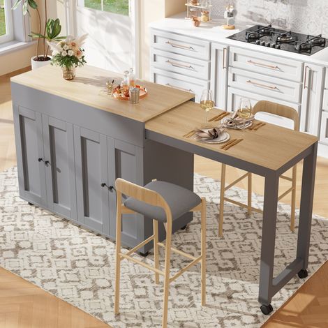 Pour cuisine, salle à manger ou bureau, table haute extensible 117-180 cm avec 6 niches de rangement en MDF gris (1/5)