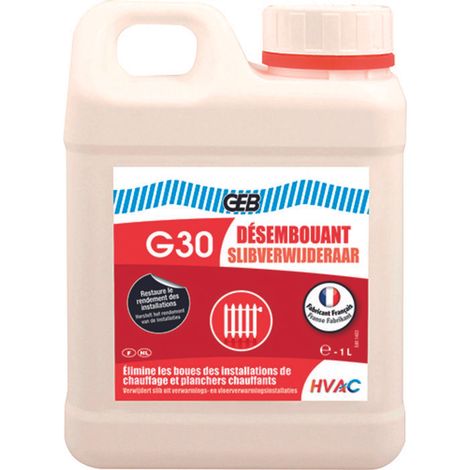 GEB – Désemboueur liquide incolore 1L – Compatible HVAC – Filetage plomberie – Densité 1.1 – pH neutre