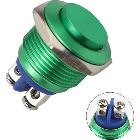 Interruptor pulsador redondo de acero inoxidable, 220 V, 16 mm, resistente al agua, con reinicio automático, normalmente abierto, cabezal alto (verde) (1/4)