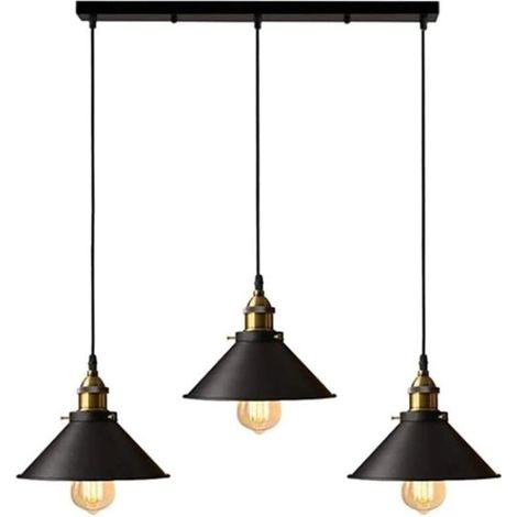 Suspension industrielle vintage luminaire abat-jour 22cm , rétro lustre en métal fer lampe plafonnier corde ajustable ,E27 Noir (1/4)