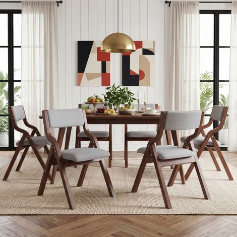 Sillas de comedor plegables, lote de 4, en madera y lino, gris, totalmente montadas, OKMYHOME (1/5)