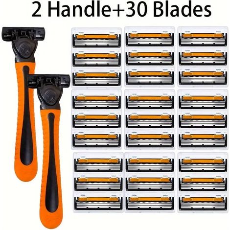 Rasoir manuel triple lame orange et noir pour hommes – Compatible avec les rasoirs Gillette (2 manches orange + 30 têtes de lame) (1/4)
