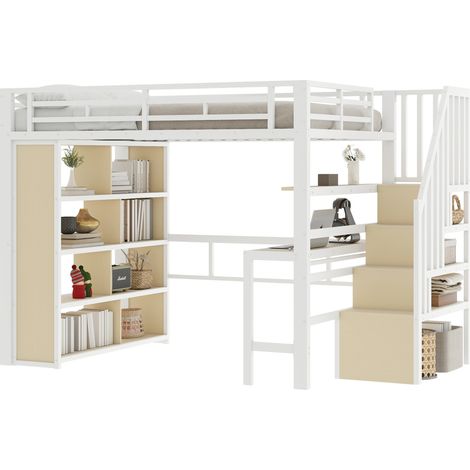 Lit mezzanine 140x200 cm en métal et MDF blanc avec bureau, rangements et bande LED (1/5)