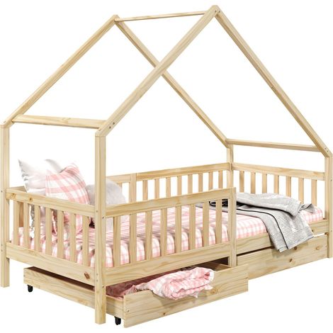 Idimex – Lit cabane asymétrique avec tiroirs 90 x 200 cm – Structure en pin massif naturel – Barrières de protection pour sécurité enfant