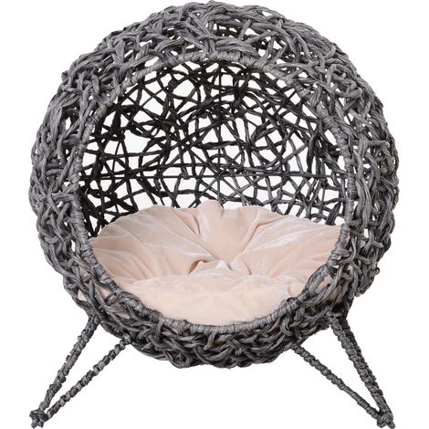PawHut erhöhtes Katzenbett, gemütliche höhlenartige Nische Ø 52 x 58 cm (H), inklusive weichem Kissen, graues Rattan-Geflecht
