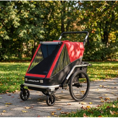 Rimorchio bici per 2 bambini 148x83x102 cm in alluminio rosso pieghevole – MEUBLIV (1/5)