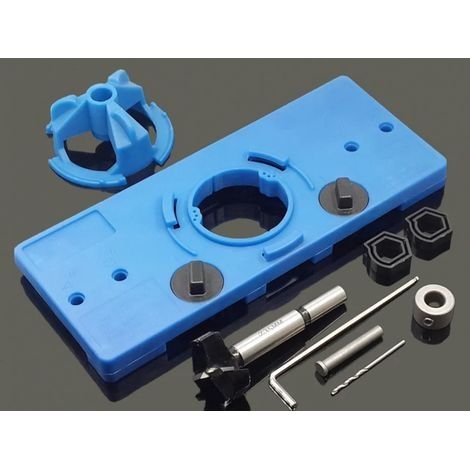 Gabarit de Perçage Charnière Invisible 35 mm Gabarit de Trou Charniere Guide de Perçage Charniere avec Anneau de Limite Tige de Positionnement Perceuse Clé pour Menuiserie -Bleu (1/5)