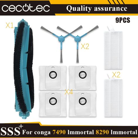 (9 pièces) Pièces détachées pour aspirateur Cecotec Conga 7490 Immortal/8290 Immortal : rouleau principal, brosse latérale, filtre HEPA, lingette de nettoyage et sac à poussière. (1/4)