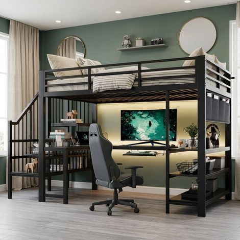 Lit mezzanine - 120x200 cm - bureau intégré - éclairage led - escalier avec rangement - prises intégrées - matelas non inclus - noir (1/5)