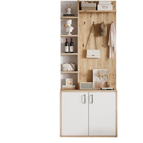 Meuble d'entrée avec 6 Plateformes Ouvertes et 1 Placard à 2 Portes, Style Naturel, en Panneau de Particules, Bois Naturel et Blanc, 75×33×180 cm