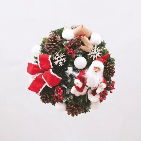 Weihnachtskranz aus grünem PVC Ø 40 cm mit Babbo Natale, Tannenzapfen, Kugeln und Samtband (1/5)