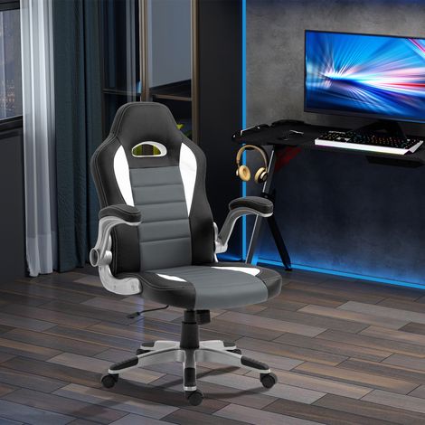 Silla de Oficina Ajustable Silla de Despacho con Reposabrazos Abatibles 5 Ruedas Carga 120 kg 65x69x112-122 cm Gris (1/5)