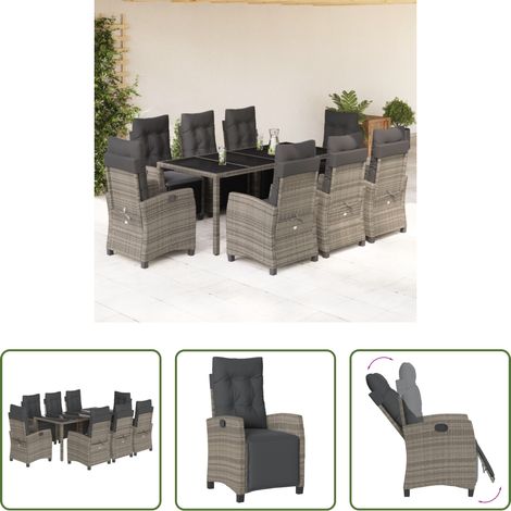 vidaXL Gartenstuhl -  9-tlg. Garten-Essgruppe mit Kissen Grau Poly Rattan (1/5)