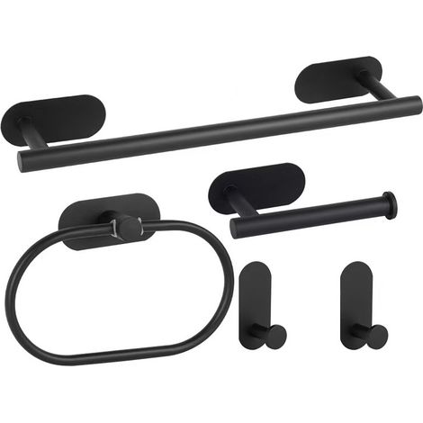Juego de accesorios de baño con toallero autoadhesivo, portarrollos de papel higiénico, anillas para toallas y 2 ganchos para toallas, acero inoxidable, no, se puede pegar a la pared, negro (1/5)