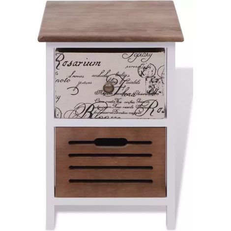 Table de chevet 2 tiroirs bois paulownia foncé et blanc Kouaki - Lot de 2 (1/4)