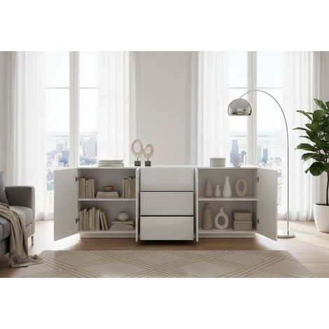 Credenza - 2 Ripiani 3 Cassetti, Bianco Lucido, -, 220x43x86h cm Treinta