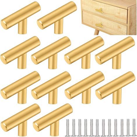 12 PCS Poignee de Meuble Cuisine Acier Inoxydable 50 32mm Poignée Meuble T Bouton de Porte Argenté Boutons de Tiroir Monotrou en T Bouton de Meuble avec 12 Vis pour Armoire Porte Placard, Or (1/5)