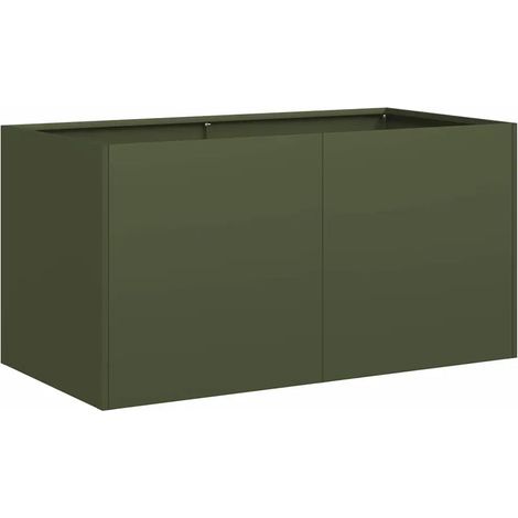 Jardinière élever en extérieur 80 x 40 x 40 cm avec fond ouvert et design moderne en acier laminé à froid vert olive (1/5)