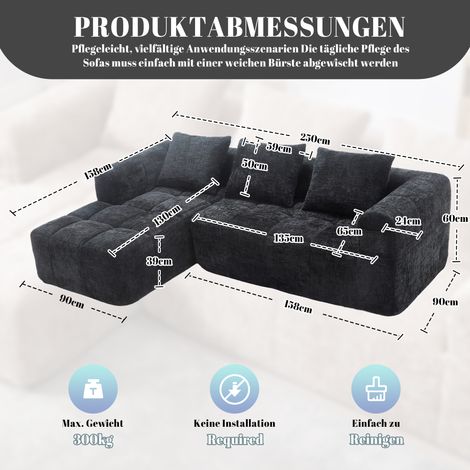 Canapé L 3 places chenille noir chaise longue + accoudoirs 3 coussins + poche latérale pour télécommande sans montage (1/5)