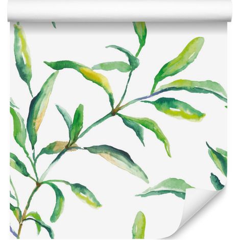 Papel pintado de acuarela con hojas de primavera para salón y dormitorio, 50x1000 cm. (1/5)