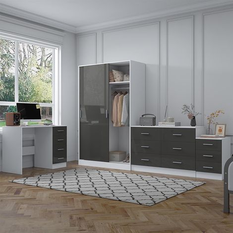 Reflect 2 Door Sliding Wardrobe, 6 Drawer Wide Chest, 3 Drawer Bedside, 4 Drawer Desk - Grey Gloss & Matt White - Modern Bedroom Furniture Set (1/5)