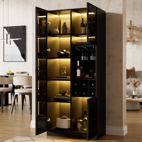 Comanlai - Vitrine d'exposition avec Portes en verre éclairage LED connecté - Range-bouteilles et rangement - Noir (1/5)