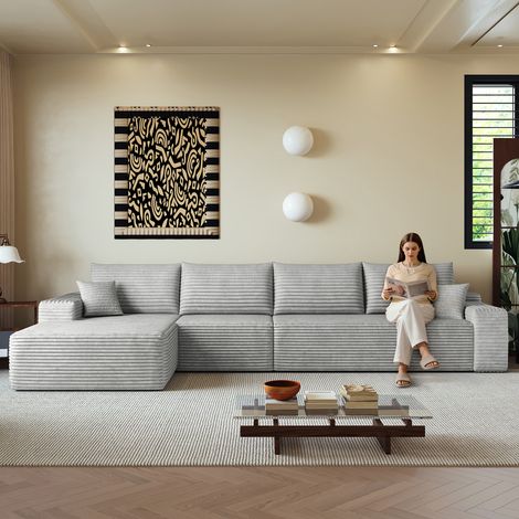 Canapé d'angle 340 cm en mousse sans os avec méridienne en L, canapé modulable moderne à assise profonde, livré monté, canapé compressible pour salon, chambre, appartement, gris (1/5)
