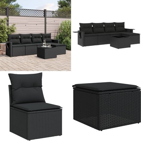 Salon de jardin 6 pcs avec coussins noir résine tressée - Ensemble Salon De Jardin - Meuble De Jardin - Salon D'extérieur - Résine Tressée - Rotin Synthétique - Home & Living (1/5)