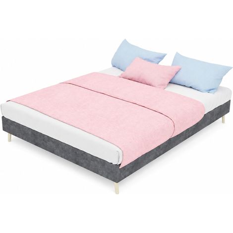 Lit enfant 140x200 cm gris en tissu avec tête de lit cartoon, pieds en bois clair et structure stable pour chambre moderne et ludique  CHICFURN (1/5)