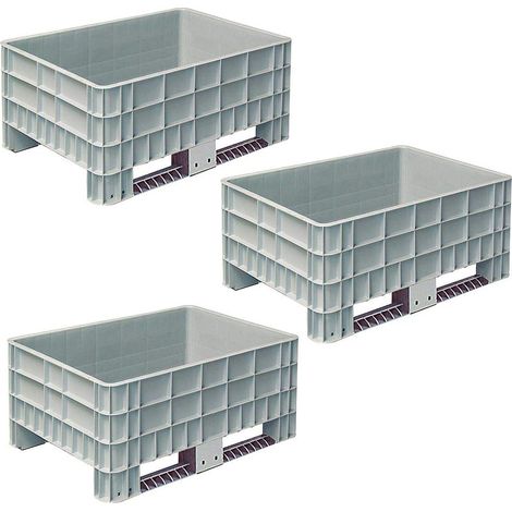 BRB 3x Palettenbox mit Außenrippen und 2 Kufen, LxBxH 1170x800x520 mm, grau