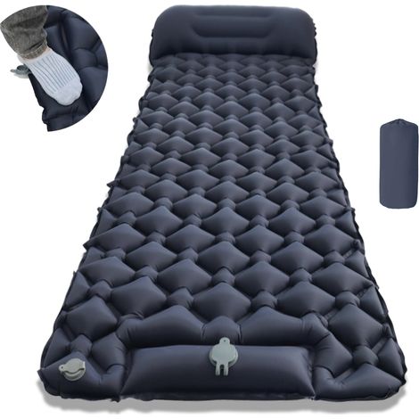 Matelas de camping gonflable avec oreiller intégré – Matelas de sol ultraléger avec pompe intégrée – Matelas de sol compact et portable pour le camping, la randonnée et le trekking – Bleu marine
