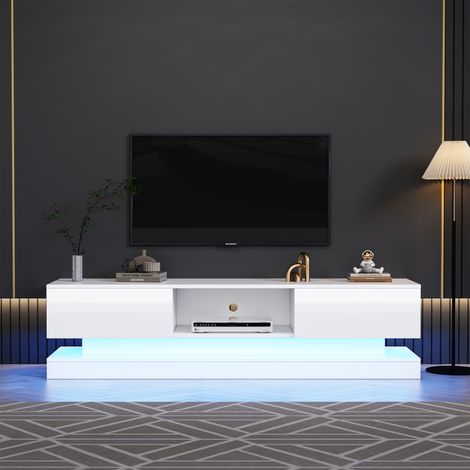 Meuble TV blanc laqué brillant LED 160x35x40,5 cm 2 tiroirs commande appli anti-basculement pour TV 60 pouces