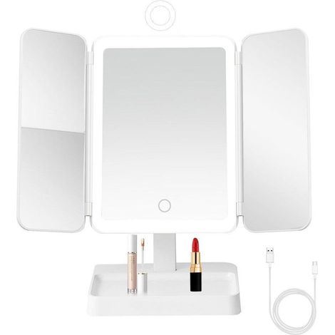 Miroir de maquillage sur pied à trois volets avec écran tactile, grossissement 2x et 3x et éclairage LED (1/5)
