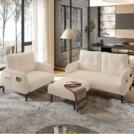 Set salotto 3 pezzi 2 posti + poltrona + pouf 120/75/79 cm in velluto a coste beige, con tasca laterale (1/5)