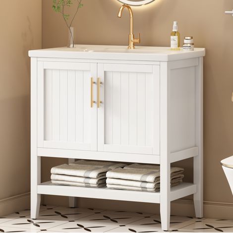 Meuble sous vasque 80 cm avec lavabo en céramique, meuble salle de bain sur pied en MDF blanc (1/5)