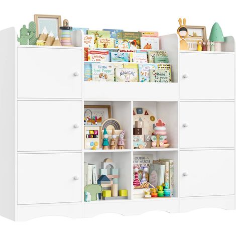 Mueble de almacenamiento de juguetes, múltiples compartimentos, diseño apto para niños, color blanco. (1/2)