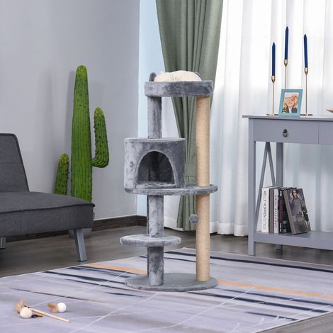 PawHut Katzenbaum 4-Stock Katzenhöhle Katzenhaus mit Spielbällen Sitzstange Sisalsäule und Kratzbrett groß stabil luxuriös Sisal Plüsch Grau 48x48x104 cm (1/5)