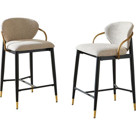 Lot de 2 tabourets de bar, pour îlot de cuisine et bar de bistrot hauteur réglable, en tissu chenille moderne avec dossier et repose-pieds, Marron clair (1/5)