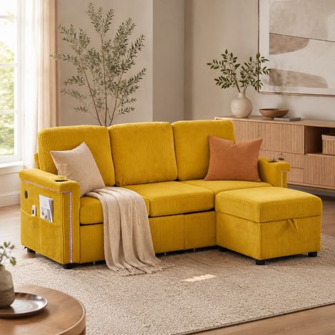 Canapé modulable 194/73/81 cm jaune moutarde en corduroy avec LED, USB-C et rangement (1/5)