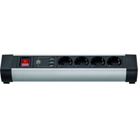 Base multipla colore nero e alluminio con 4 prese da 16A 250V + 3 USB con due supporti di fissaggio e cavo 3G1,5mm² di 1,5m di l