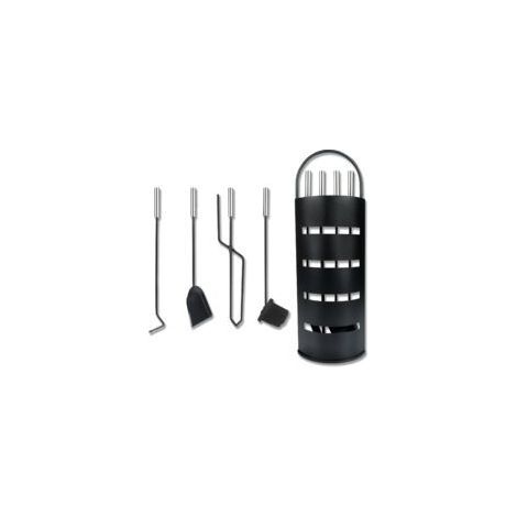 Set attrezzi e ferri per camino Set di 5 accessori per camino in acciaio inox, set di posate per camino, con supporto, scopa, pinza, gancio, pala per stufa a legna, nero (1/5)
