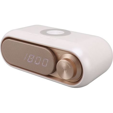 Réveil Radio avec Chargeur Sans Fil Bluetooth Haut-Parleur LED Horloge Numérique FM Radio Enceinte Bluetooth Recharge Sans Fil Blanc Doré 10W (1/5)