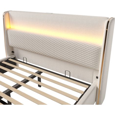 Modernes Hydraulisches Bett mit Hohem Kopfteil, Einzelbett mit LED-Beleuchtung, Stauraum & USB/Type-C-Anschlüssen, in Leinen Optik Beige (Ohne Matratze) (1/5)