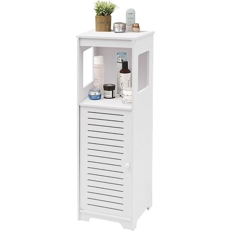 Armoire de salle de bain, avec compartiment de rangement, étroite, autoportante, pour salle de bain, couloir, cuisine et salon, 28 x 25 x 90 cm, blanc (1/5)