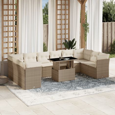 [Salon de Jardin Modulaire] Résine Tressée Beige 11 Pièces avec Table Relevable & Coussins Lavables  Capacité 110kg (1/5)