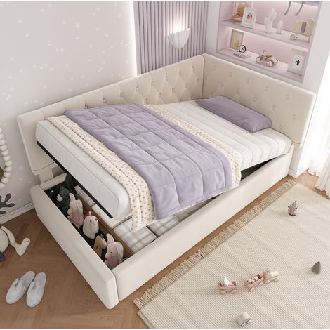 Bett Tagesbett Stauraum 90x200 Samt Beige OKMYHOME (1/5)