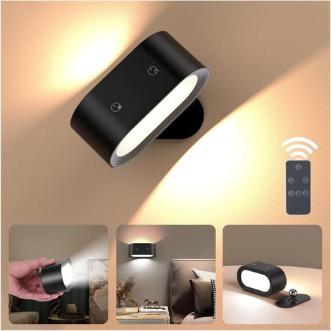 Applique Murale Interieur avec Télécommande, Lampe Murale sans fil avec Port de Charge USB, 4 Niveaux de Luminosité 3 Températures Rotatifs 360° Lampe de Chevet pour Chambre à Couche (1/5)