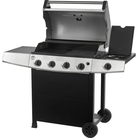 Barbecue à gaz 5 brûleurs – 1 brûleur latéral – Grille et plancha en fonte émaillée – Thermomètre intégré – Pour 8 à 12 convives – Roster